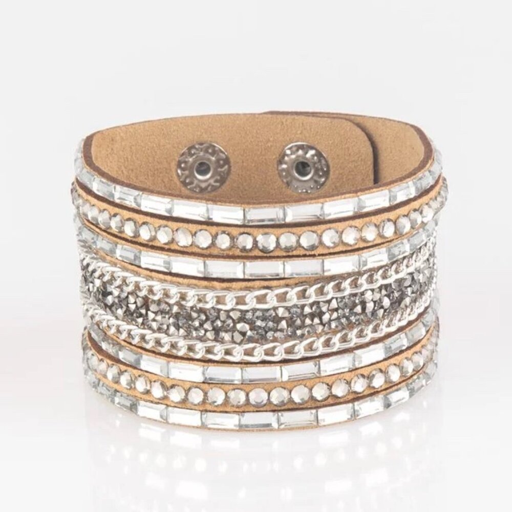 Paparazzi Rhinestone Rumble Brown Tan Wrap Suede Bracelet